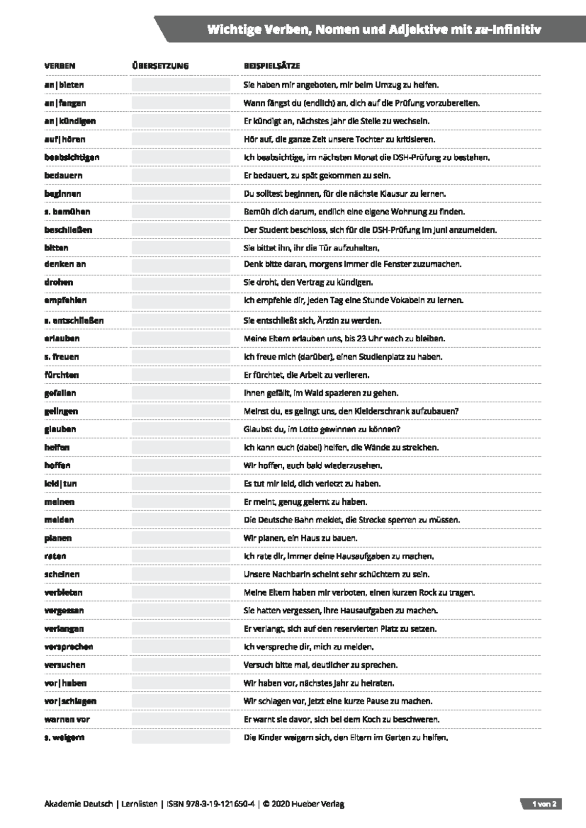 Wichtige Verben, Nomen und Adjektive mit Beispielsätzen - Deutsch A1 ...