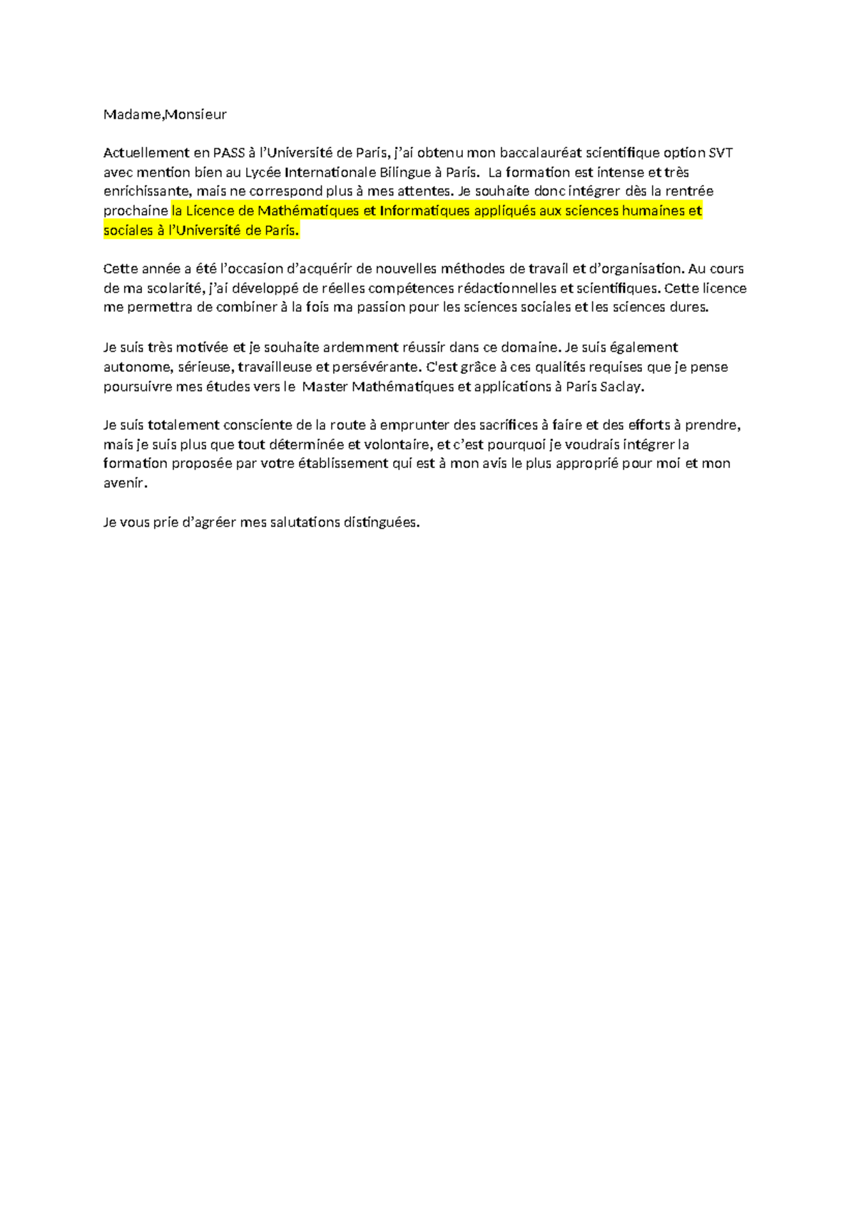 Lettre de Motivation pour Licence Mathématiques PASS UPC Studocu — free download