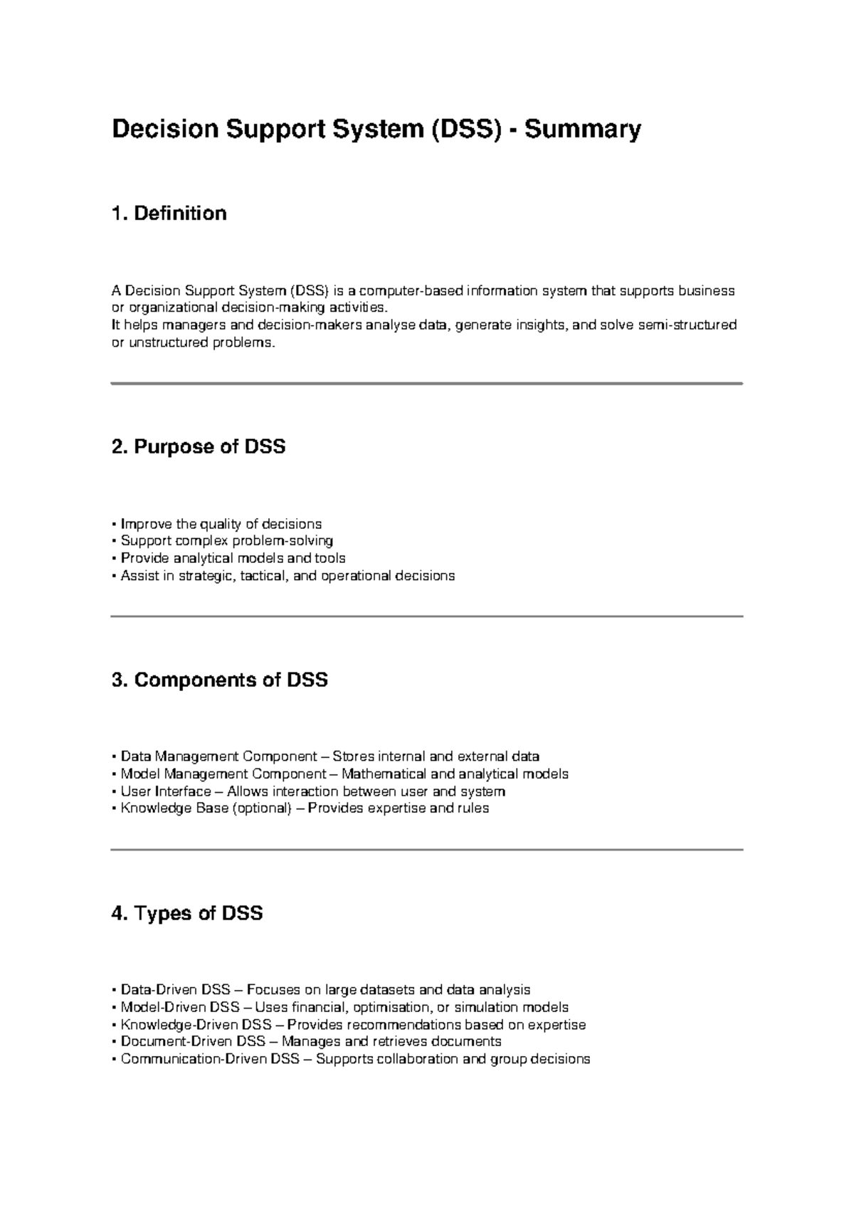 DSS Overview: Key Components, Benefits, and Limitations - Studocu