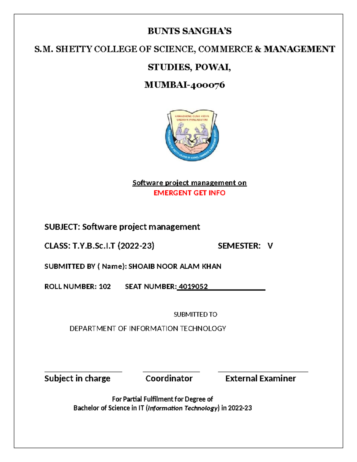 BSCIT T.Y. Software Project Management - Emergent Get Info Project ...