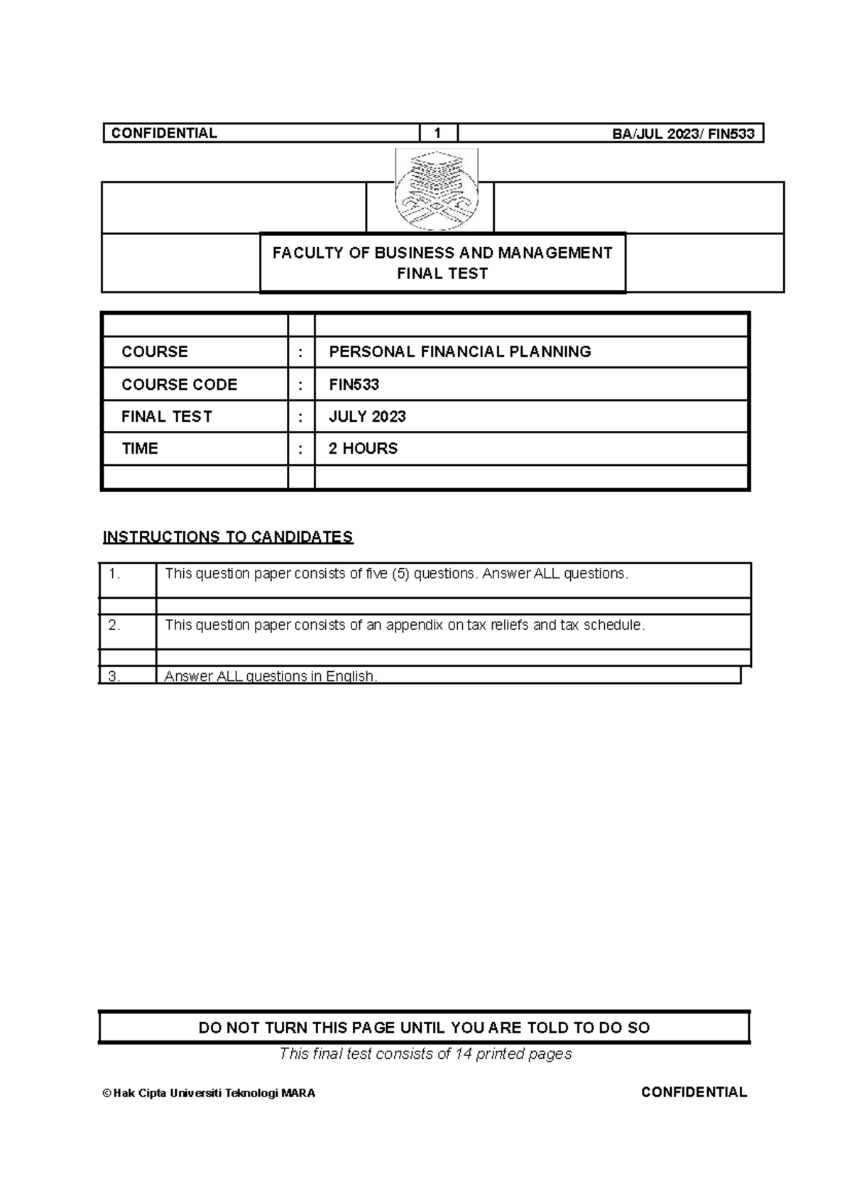 FIN533 Personal Financial Planning Final Test July 2023 - Studocu