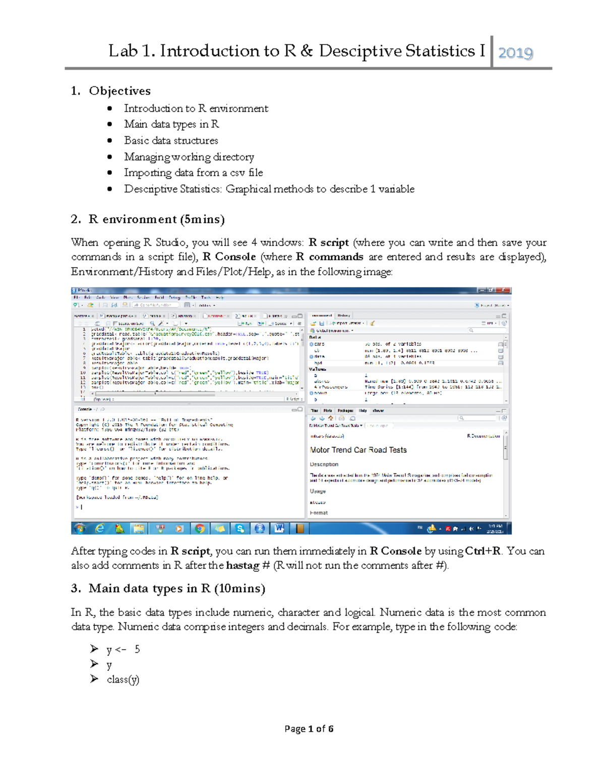 Lab 1-2019 - Assignment for Statistic - 1. Objectives Introduction to R ...