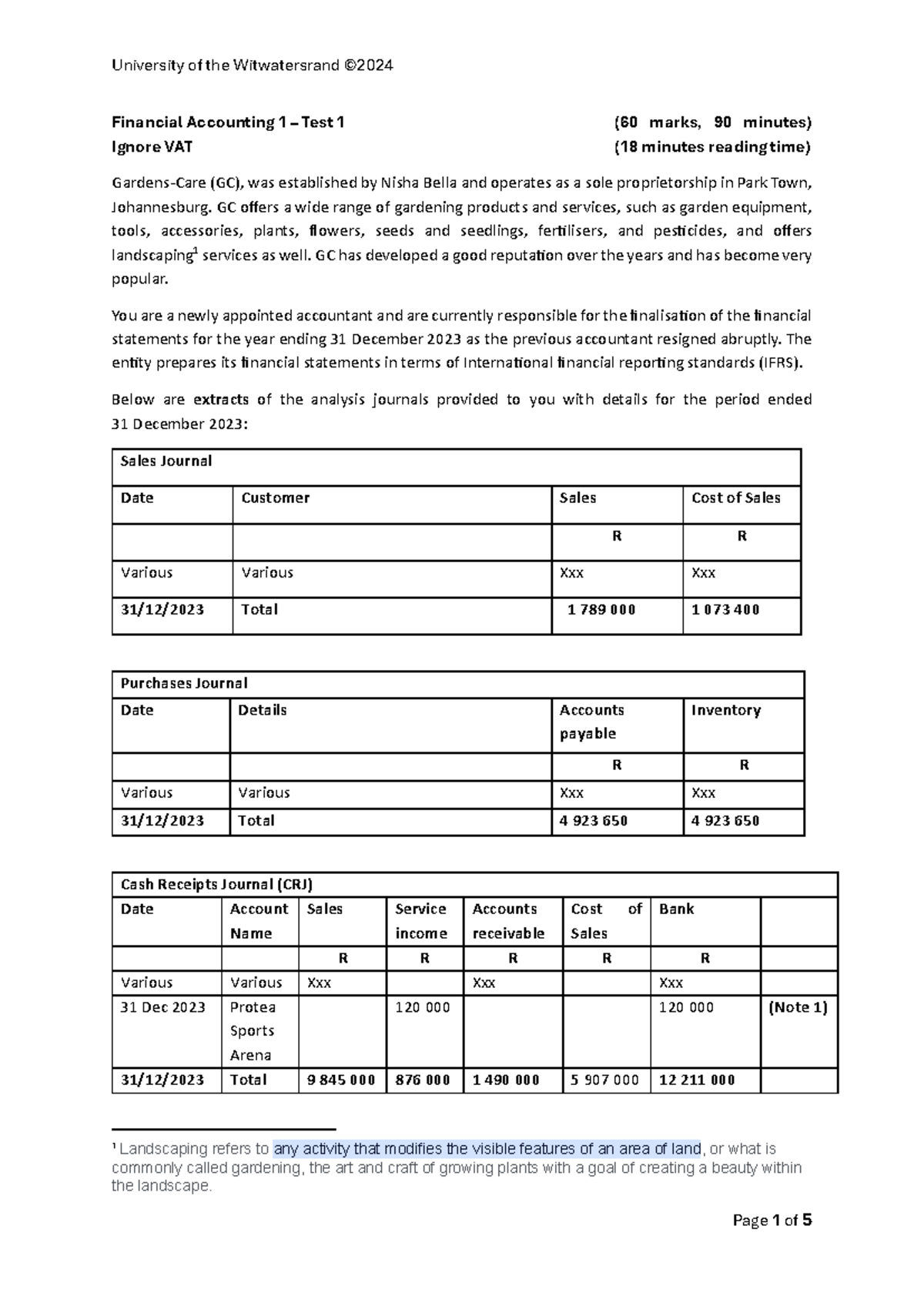 FA1 - Test 1 - 2024: Financial Accounting Overview and Analysis - Studocu