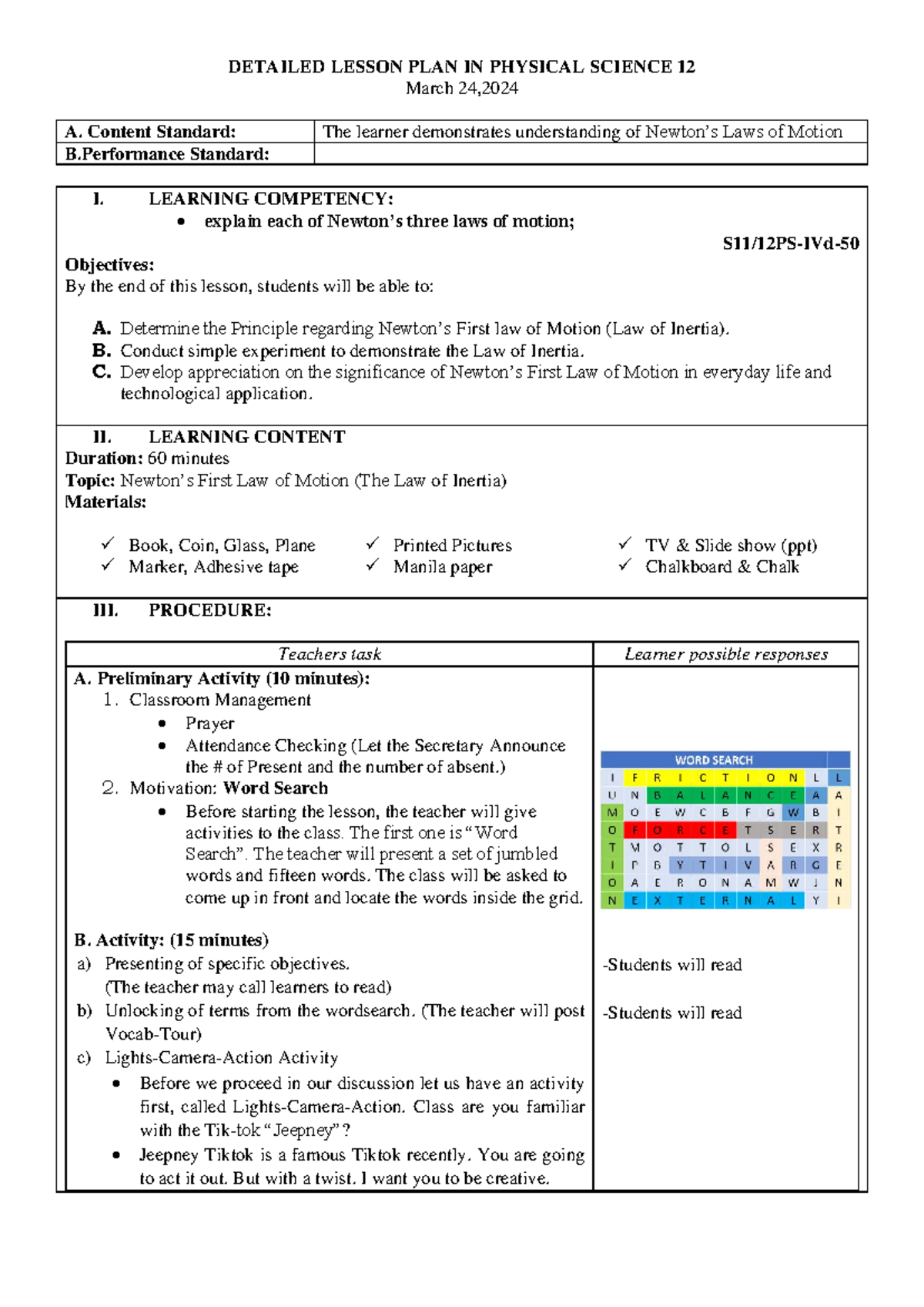 A Detailed Lesson Plan in Physical Science 12: Newton's Law of Inertia ...