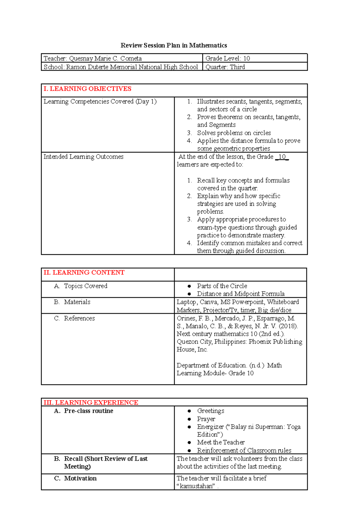 Mathematics 10 Review Session Plan: Circles & Formulas - Studocu