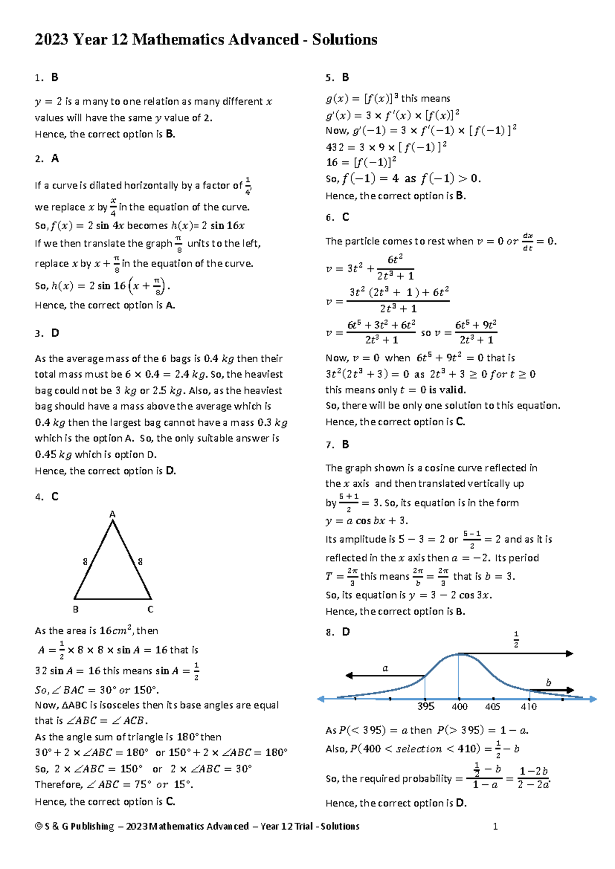 2023 Year 12 Mathematics Advanced Trial Solutions and Explanations ...