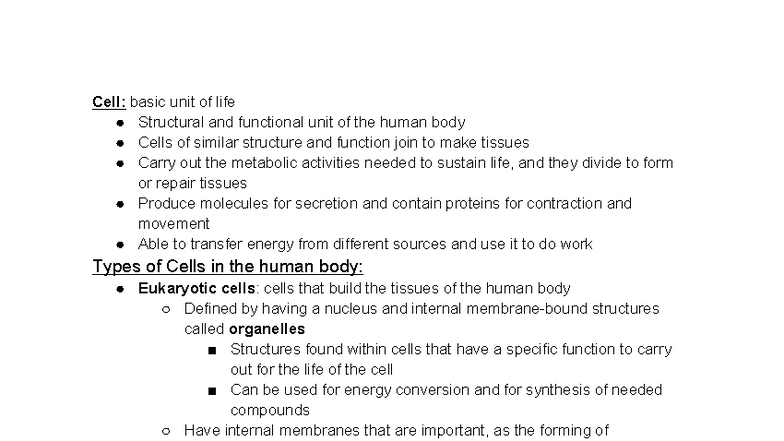 Study Guide Lab - Cell: basic unit of life Structural and functional ...