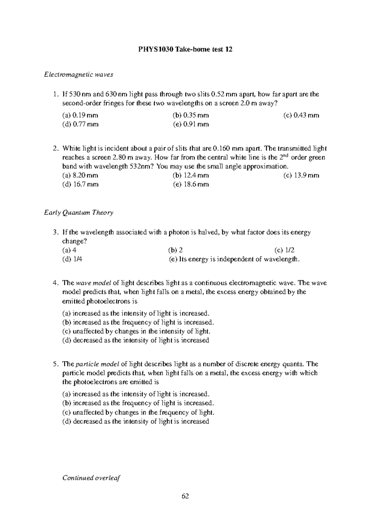 PHYS1030 Test 12: Electromagnetic Waves & Quantum Theory Questions ...
