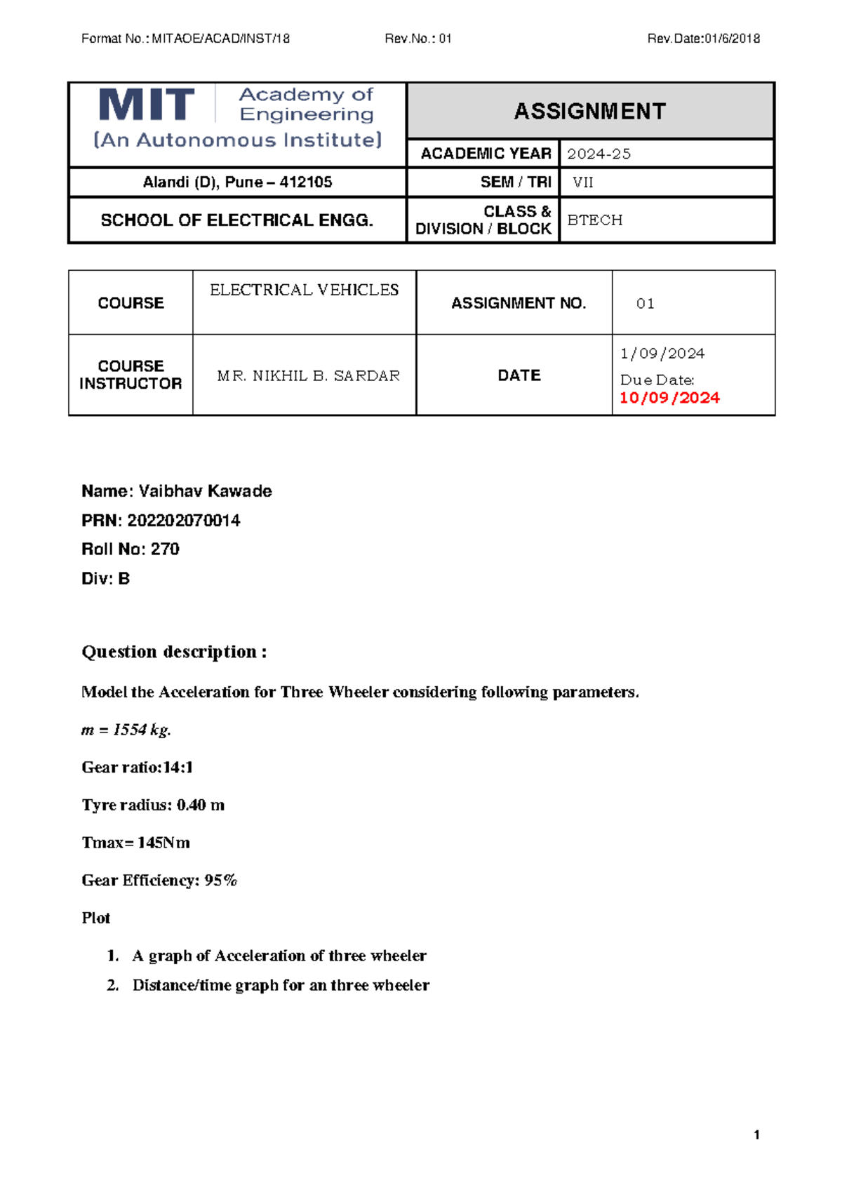 Electrical Vehicles Assignment 1 - Acceleration Modeling Analysis - Studocu