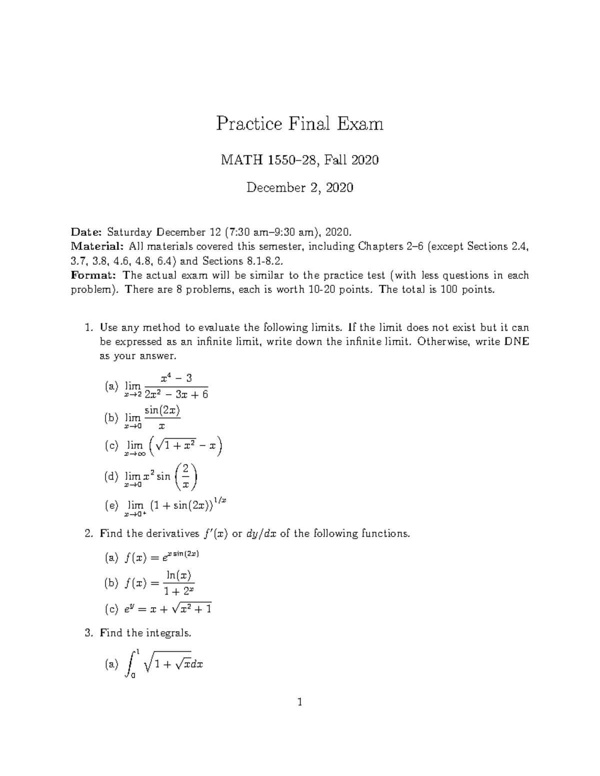 Updated Practice Solutions for Final Exam MATH 1550-28 (Fall 2020 ...