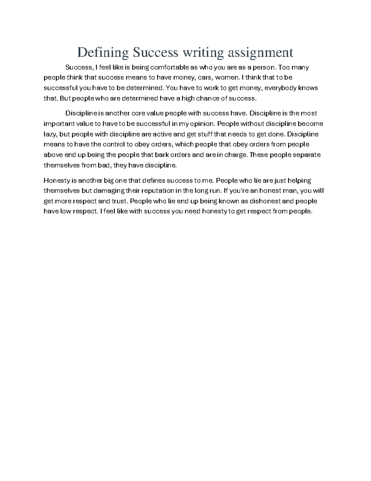 Defining Success writing assignment - Defining Success writing ...