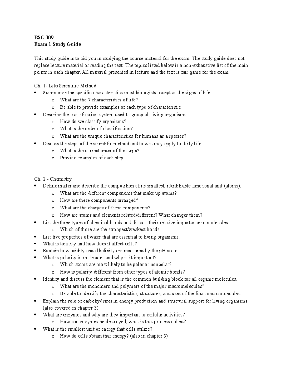 BSC 109 Exam 1 Study Guide: Key Concepts & Topics for Sp24 - Studocu