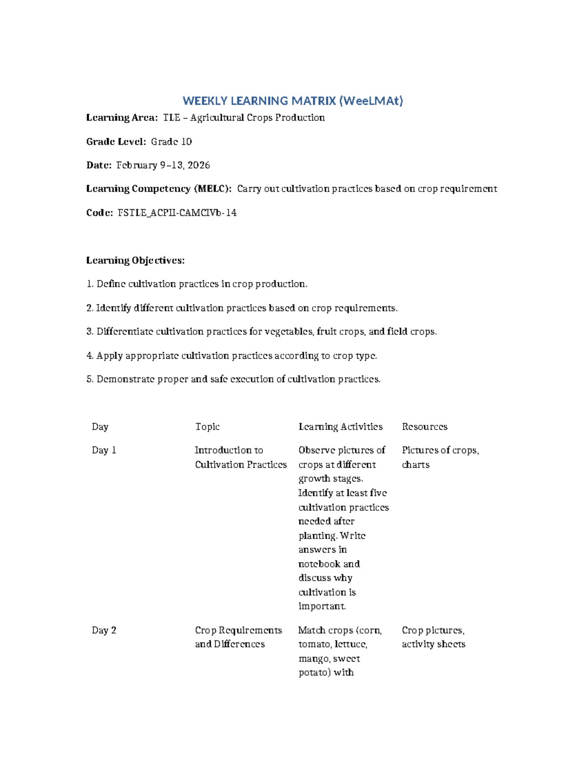 WeeLMAt TLE10: Cultivation Practices Overview (Feb 2026) - Studocu