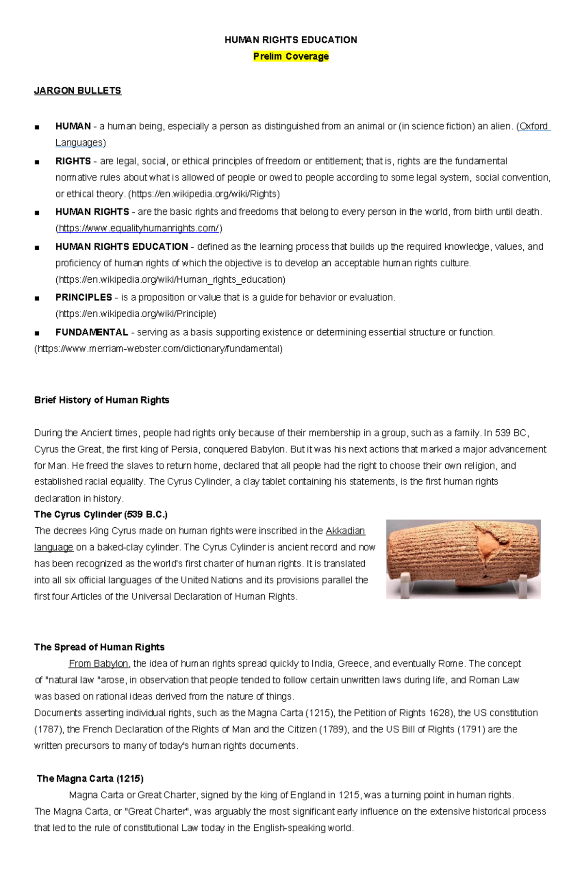 HUMAN RIGHTS EDUCATION Prelim Coverage: Key Concepts and Historical ...