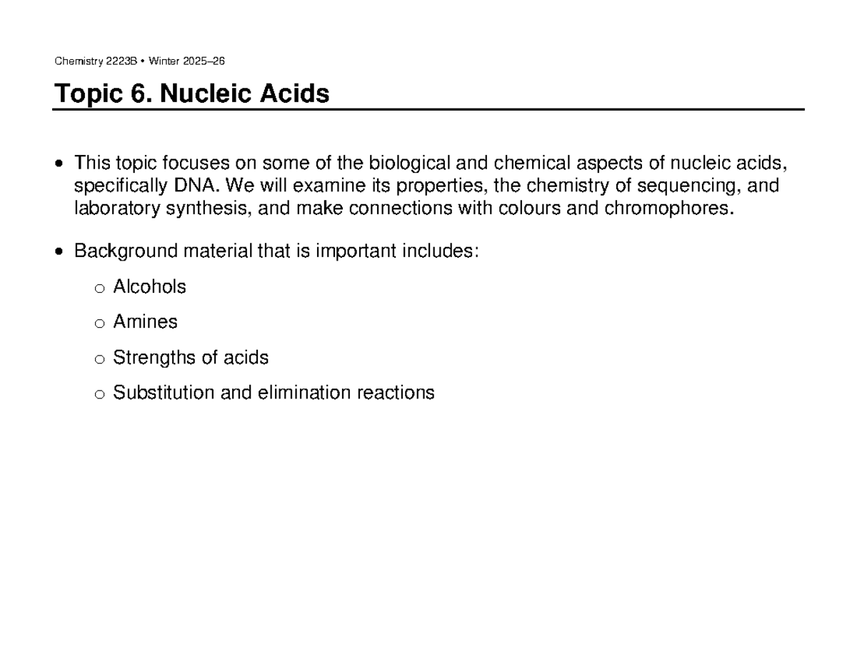 Chemistry Winter Topic 6: Nucleic Acids Overview and Analysis - Studocu