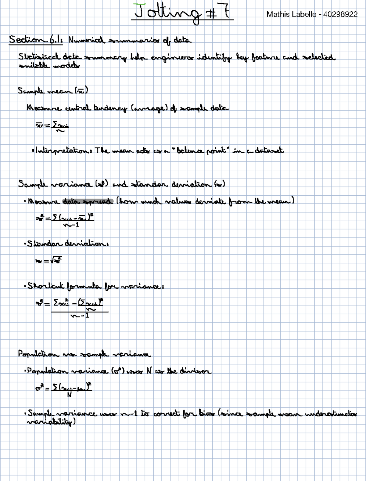 Jotting 7 (ENGR 371) numerical summaries and statistical inference ...