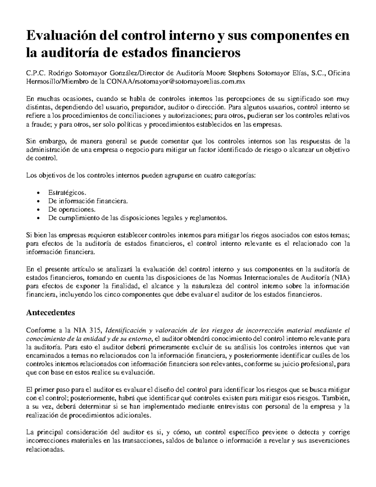 Evaluación del Control Interno en Auditoría de Estados Financieros ...