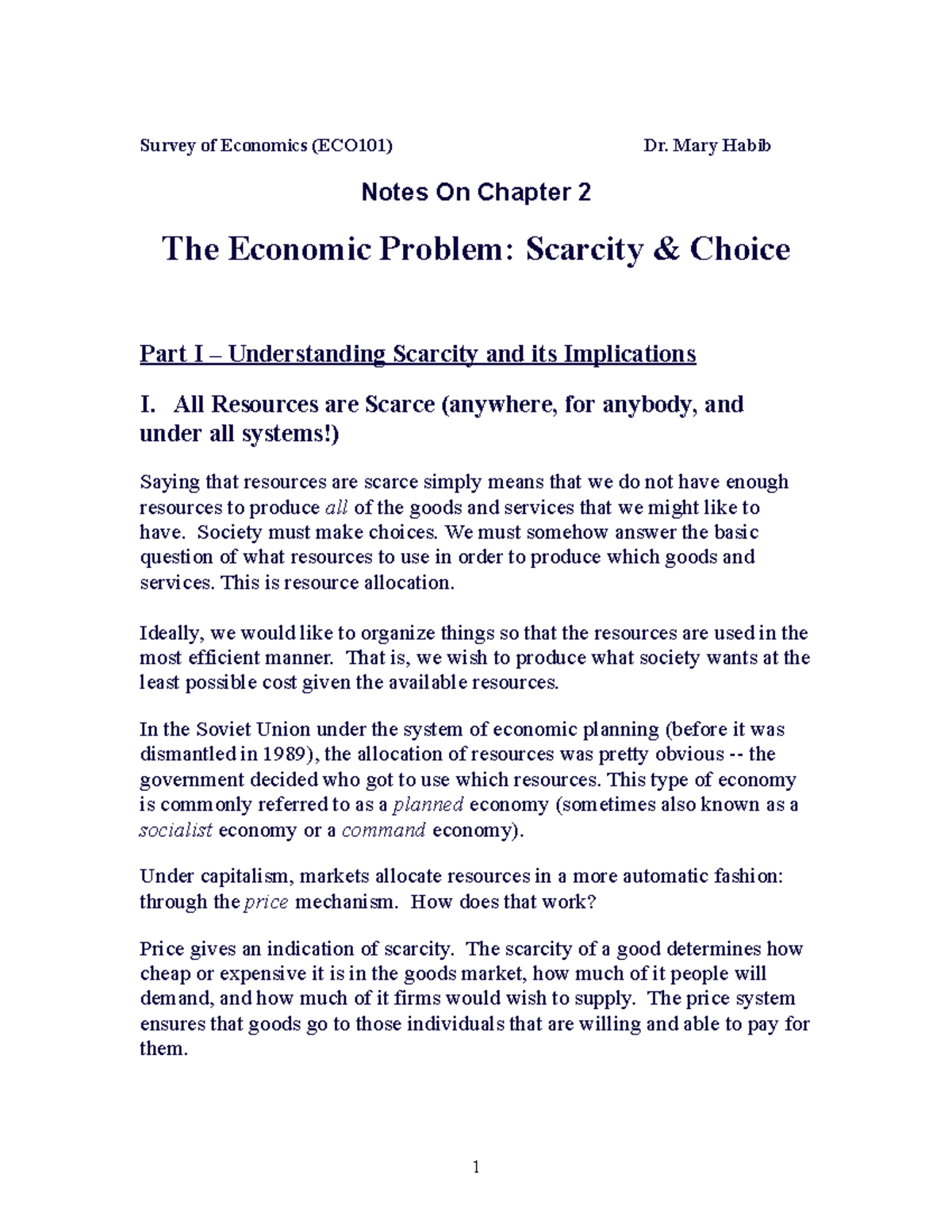 ECO101 Chapter 2 Notes: The Economic Problem of Scarcity & Choice - Studocu