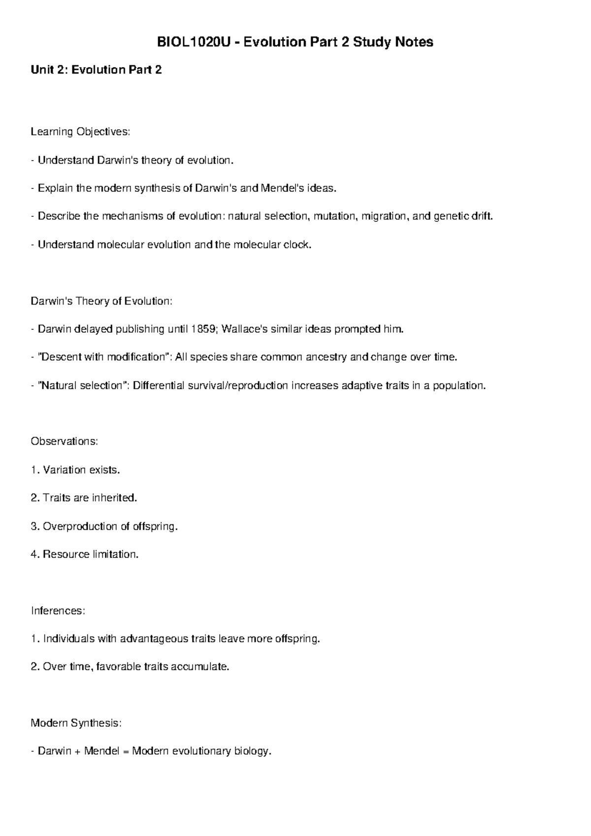 BIOL1020U Evolution Part 2 comprehensive study guide and notes - Studocu