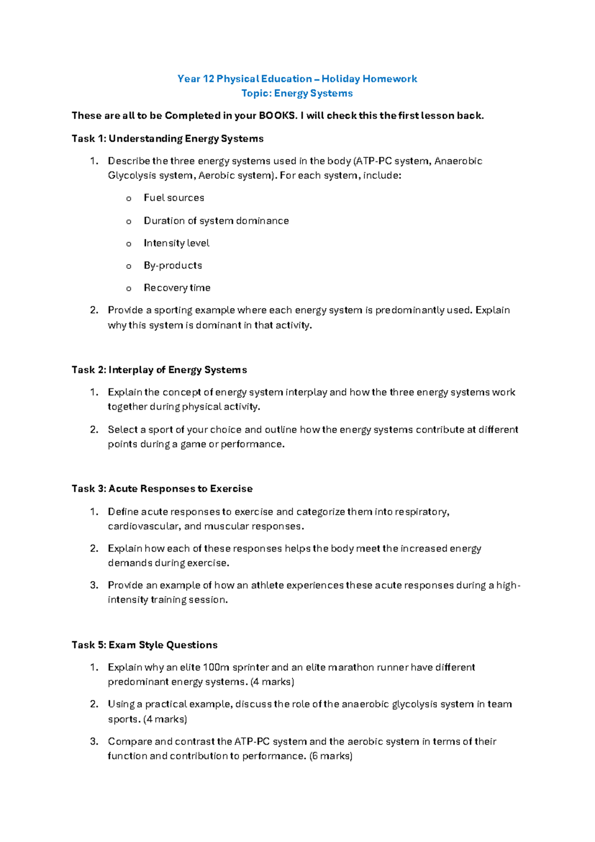 Year 12 PE Holiday Homework: Energy Systems Overview and Tasks - Studocu