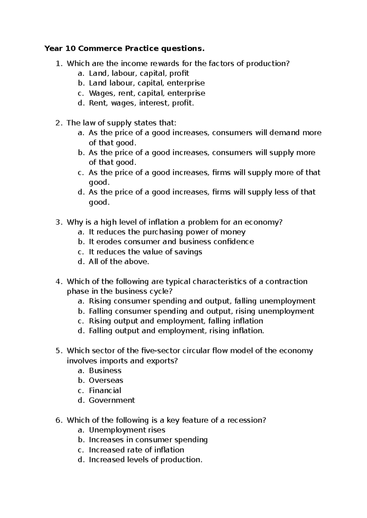 Year 10 Commerce Practice Questions: Economic Concepts & Theories - Studocu