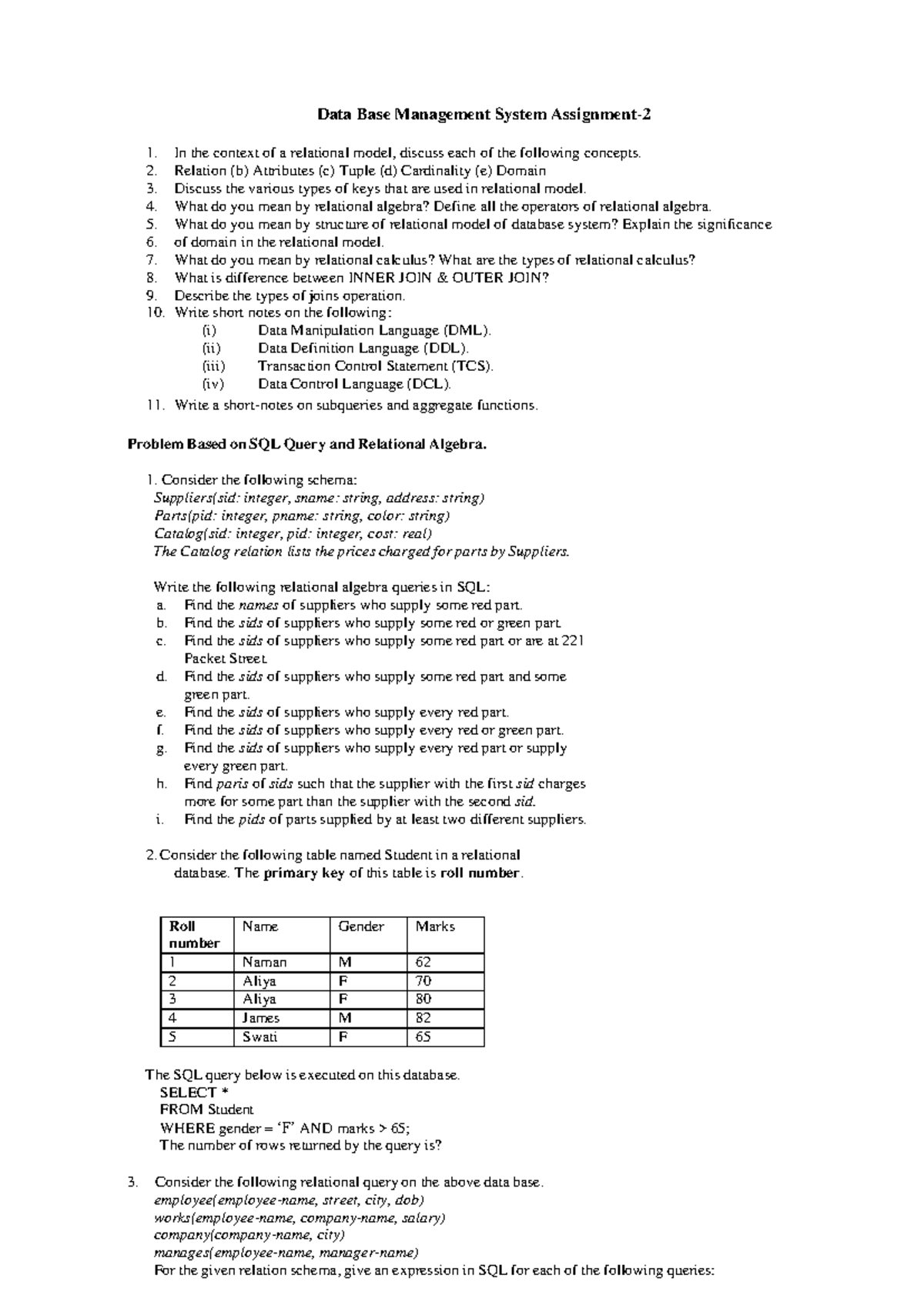 DBMS Assignment 2: Key Concepts, SQL Queries & Relational Algebra - Studocu