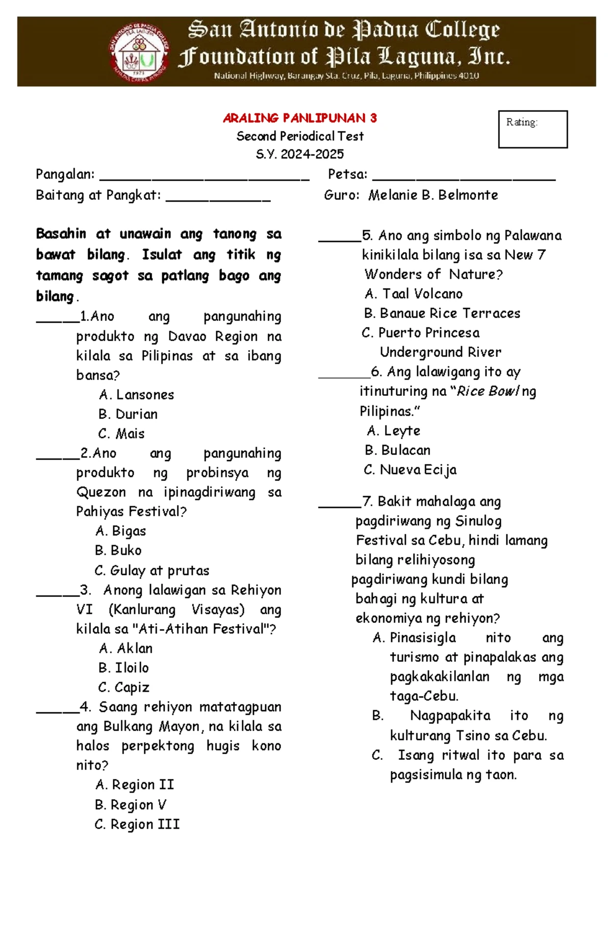 2nd Periodical Exam in MAPEH 3: Music, Arts, and P.E. Questions - Studocu
