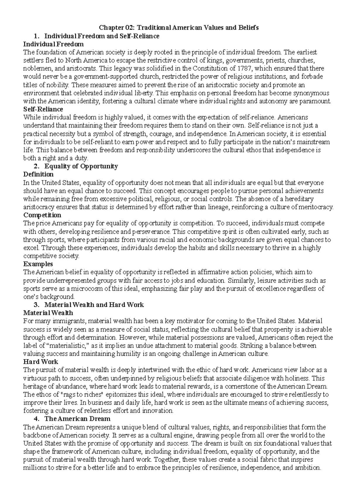 Chapter 02: Traditional American Values and Beliefs - VHXH - Studocu