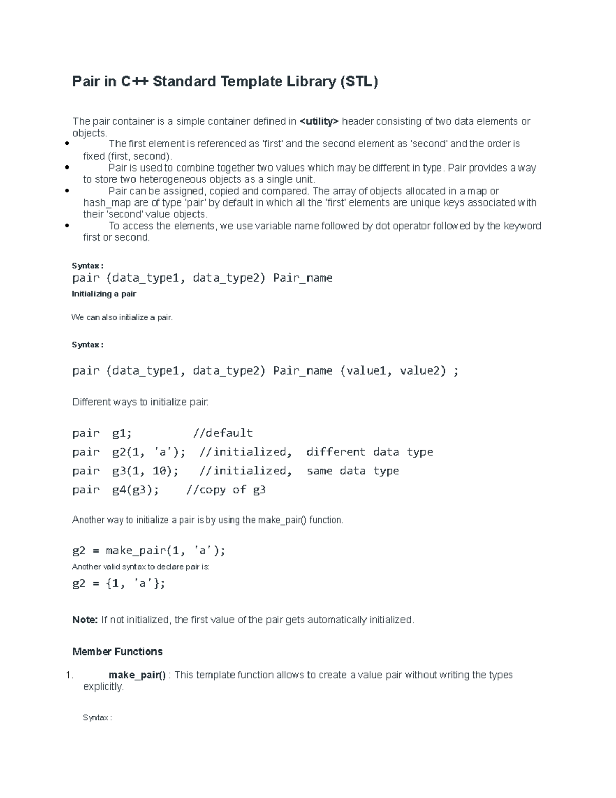 Understanding Pair in C++ STL - 7th Sem ISE Lecture Notes - Studocu