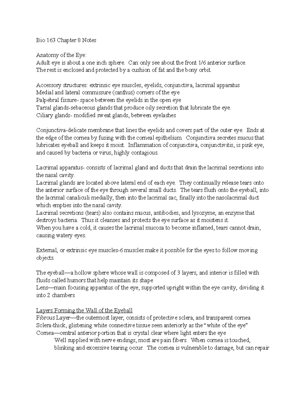 Bio 163 Chapter 8: Anatomy of the Eye and Ear Notes - Bio 163 Chapter 8 ...