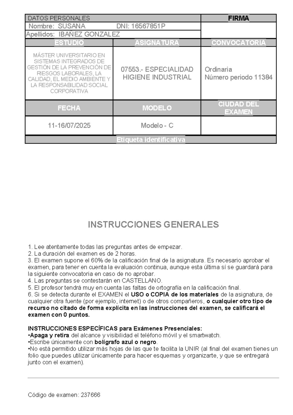 Examen Ordinario Higiene Industrial - Máster en Sistemas Integrados - Document Preview
