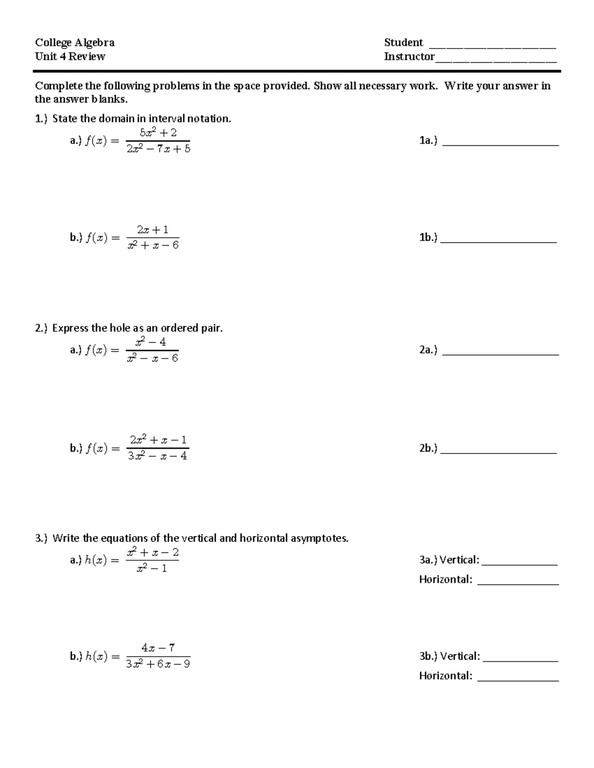 College Algebra Unit 4 Review: Asymptotes, Domain, and Graphing - Studocu