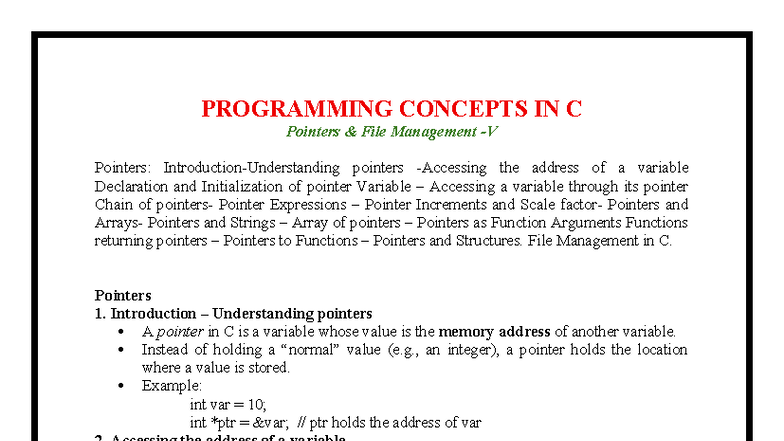 Unit 5: Short Notes on Pointers in C Programming Concepts - Studocu