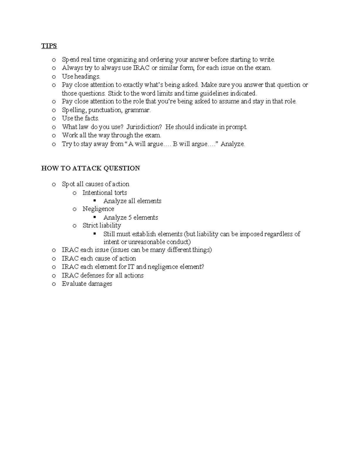 Final Outline Torts (LAW 101): Key Concepts and Exam Strategies - Studocu