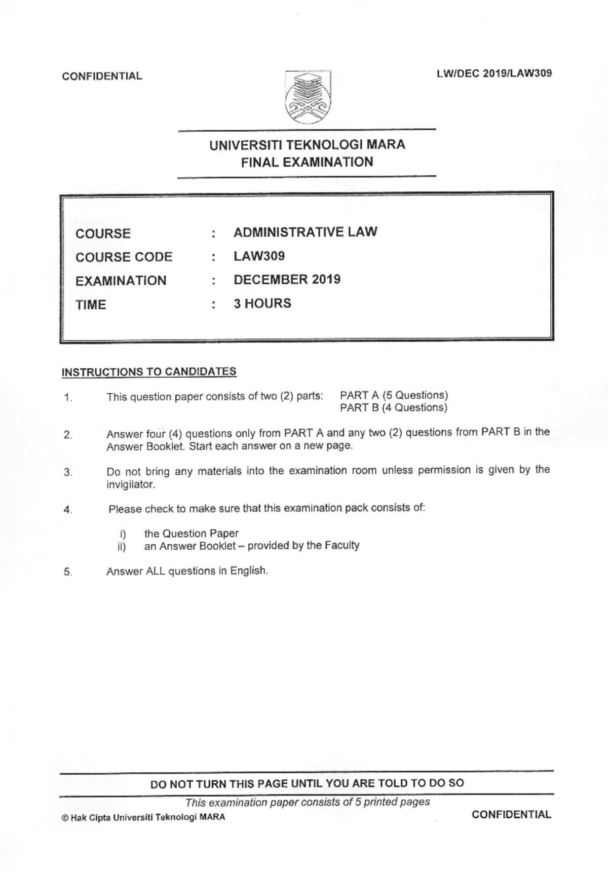 LAW309 - UNIVERSITI TEKNOLOGI MARA FINAL EXAMINATION COURSE COURSE CODE ...