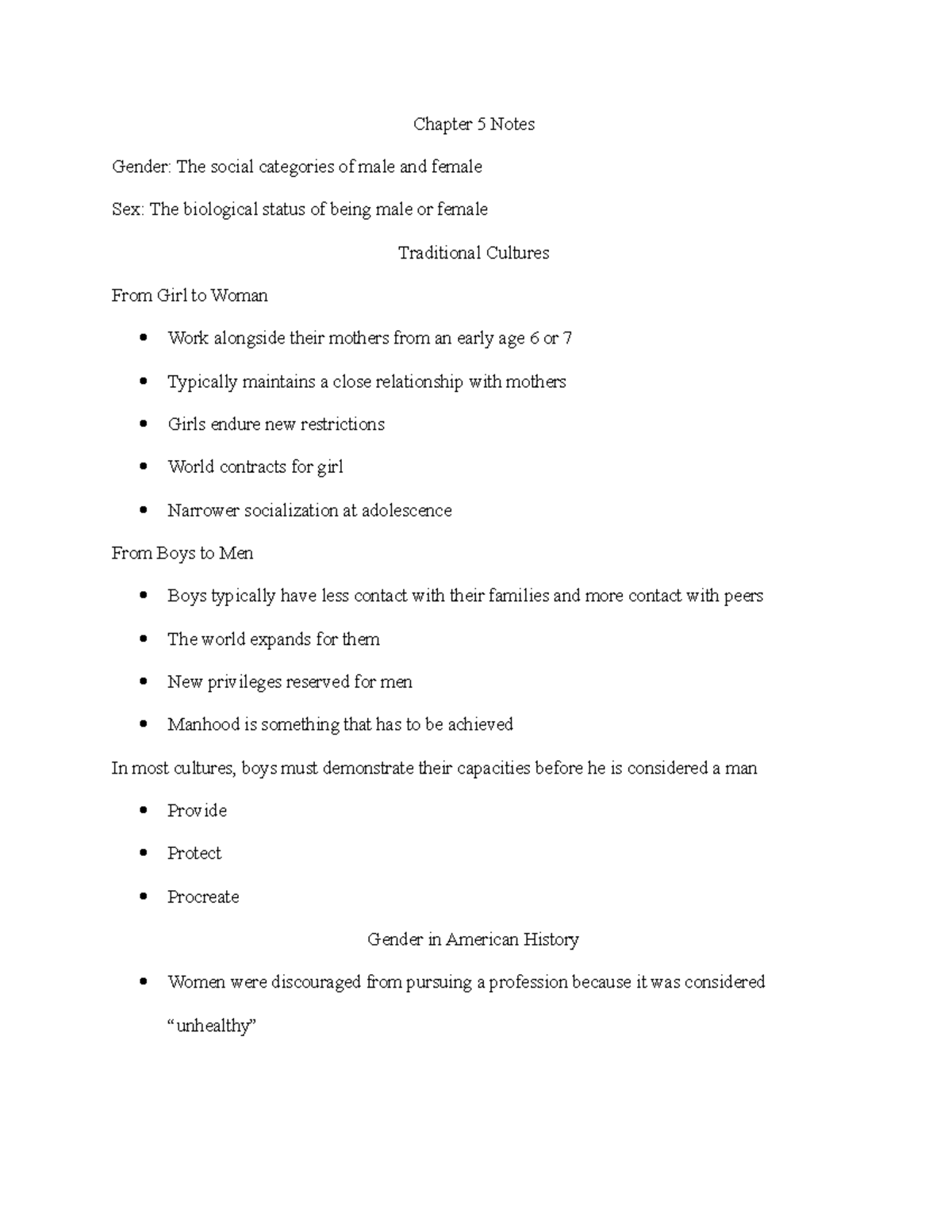 Chapter 5 Notes - Chapter 5 Notes Gender: The social categories of male ...