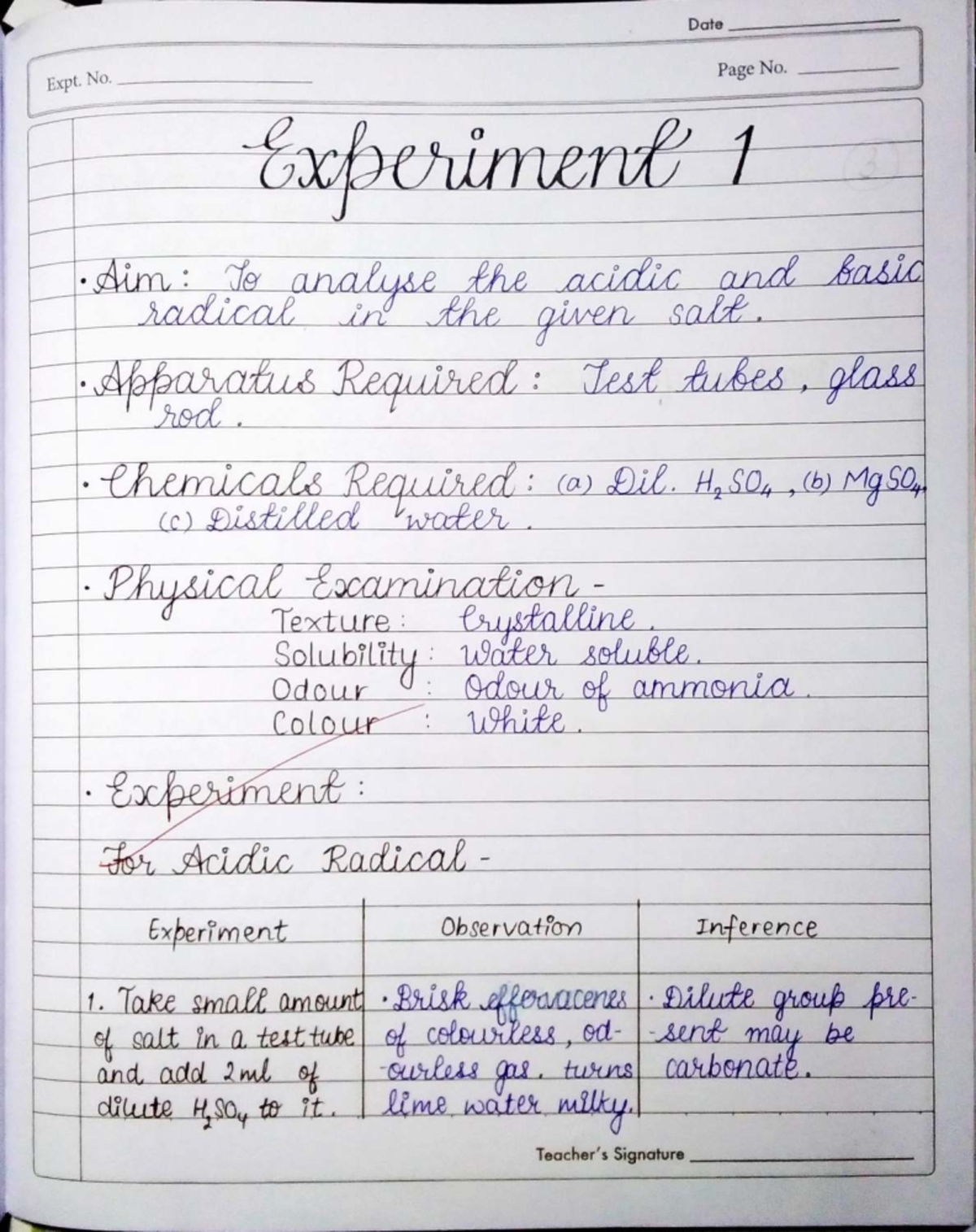 Chem Practical File 1: Acidic & Basic Radical Analysis - Studocu