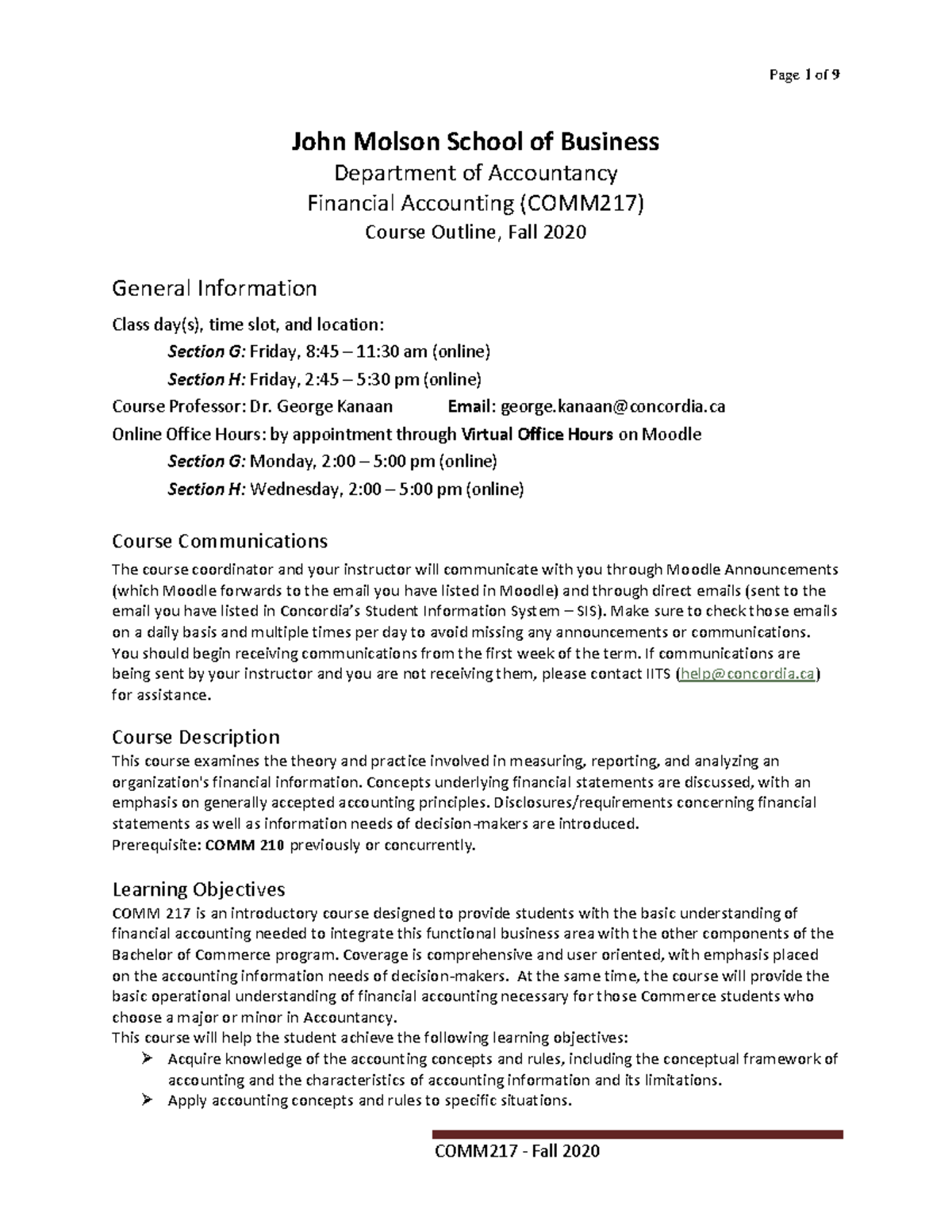 Financial Accounting Course Outline - COMM217 Fall 2020 - Studocu