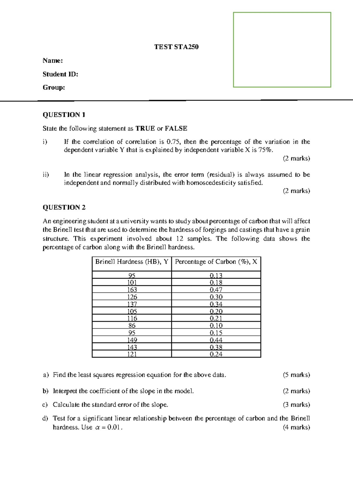 STATISTICS REGRESSION TEST SET 1 - MULTIPLE QUESTIONS & ANSWERS - Studocu