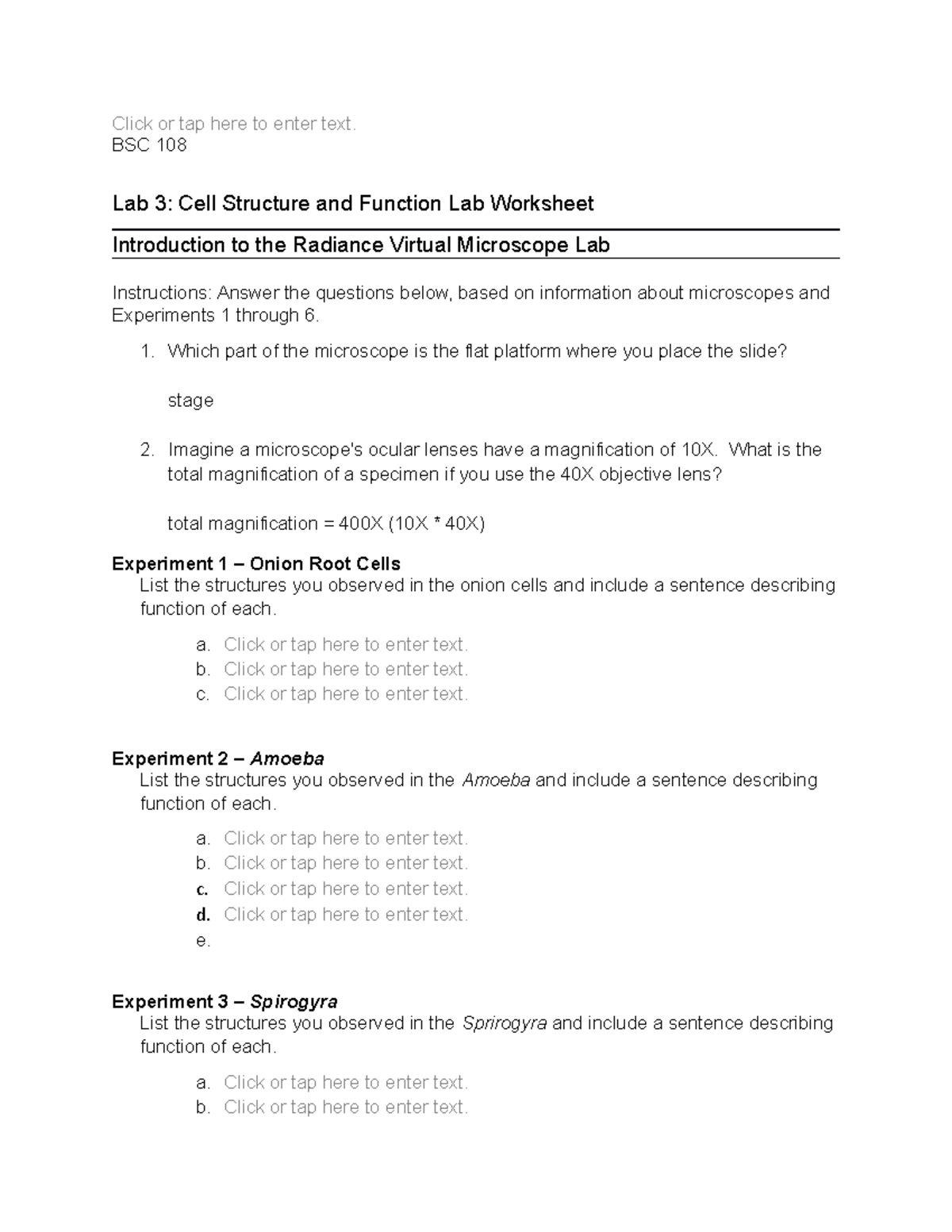 BSC 108 Lab 3: Worksheet on Cell Structure and Function Studies - Studocu