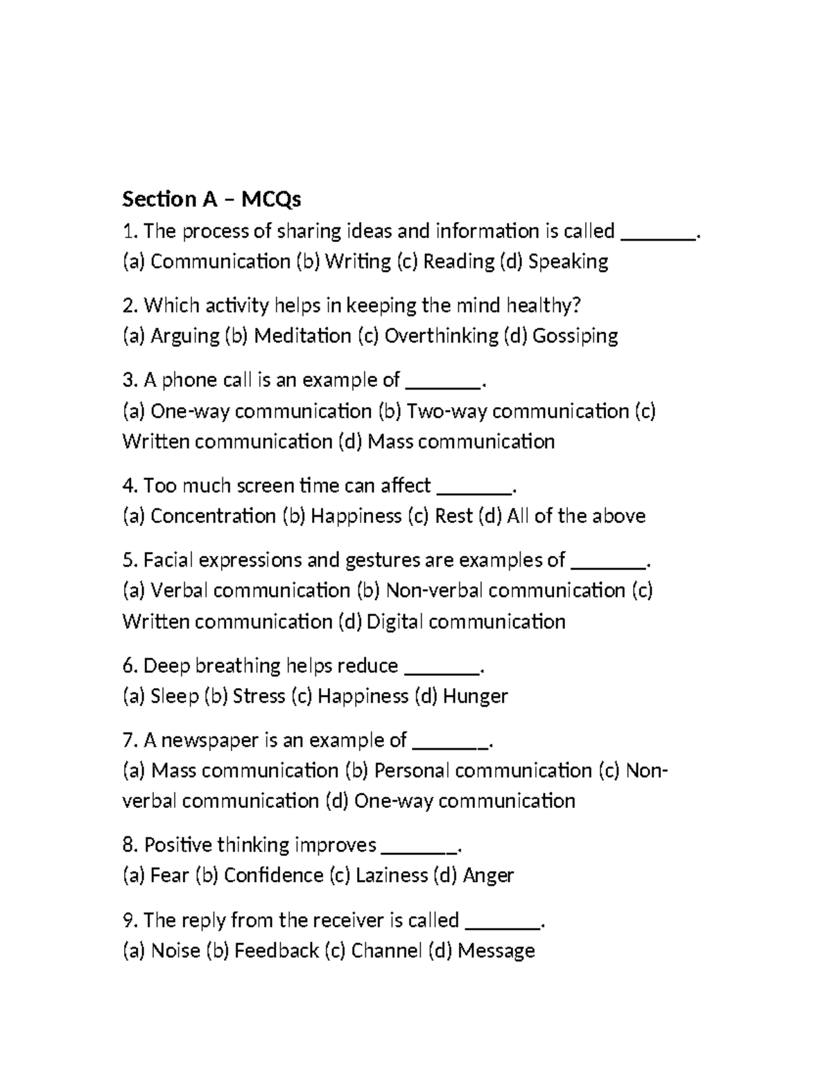 Paper 1: MCQs and Short Answer Questions on Communication Skills - Studocu