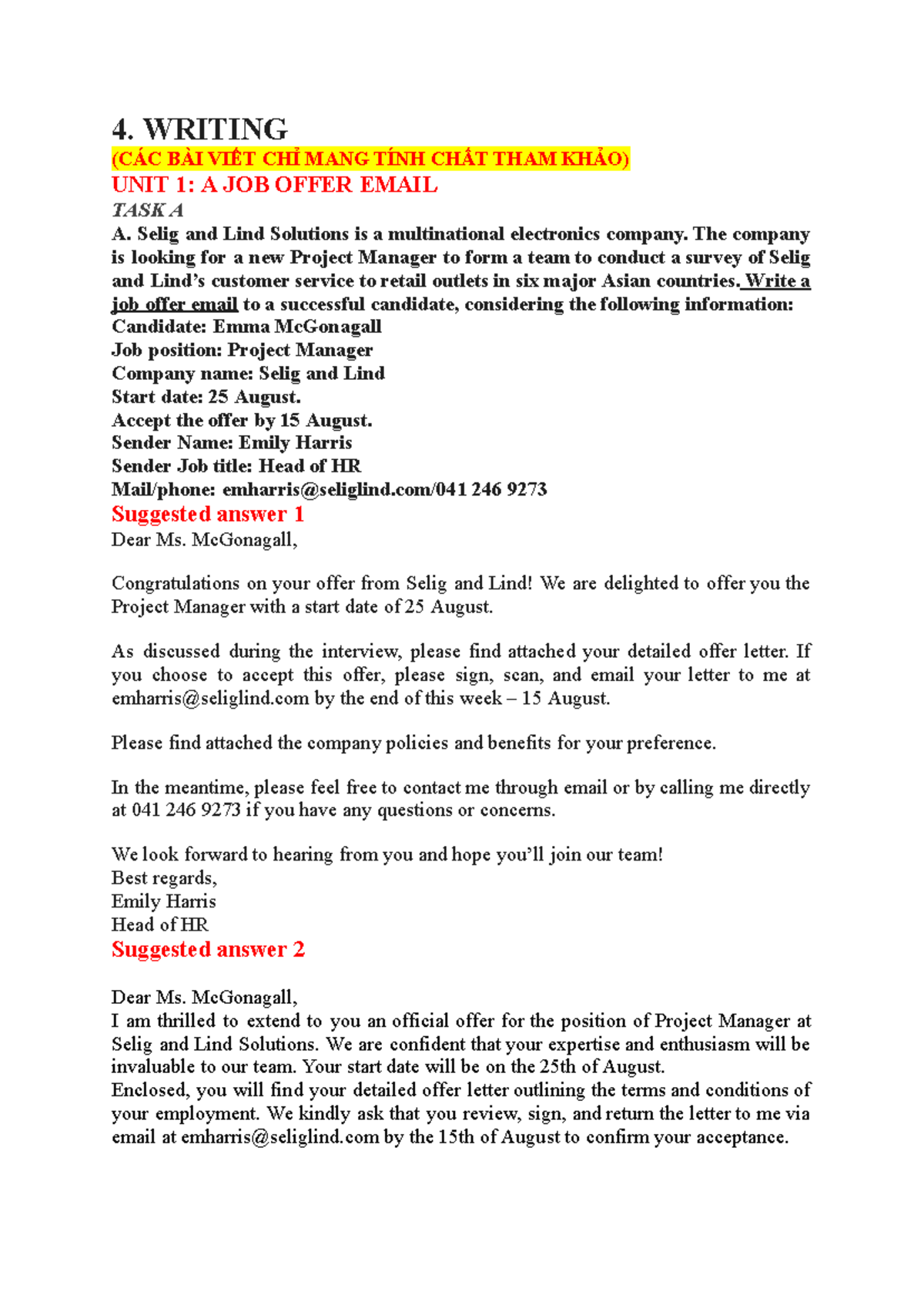 Writing - COB1: Job Offer Email & Responses - Studocu