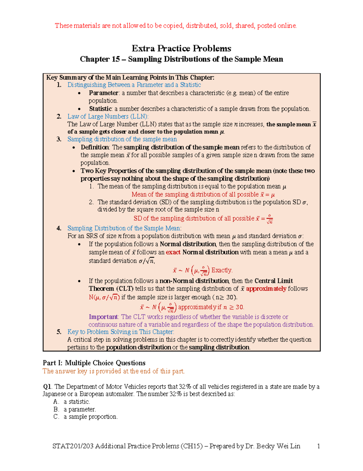 Chapter 15: Sampling Distributions of the Sample Mean - Practice ...
