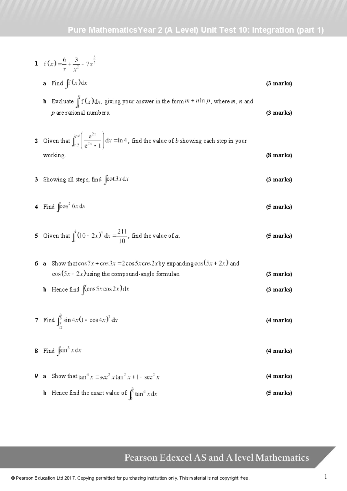 Integration-1: A Level Unit Test Practice Questions on Integration ...