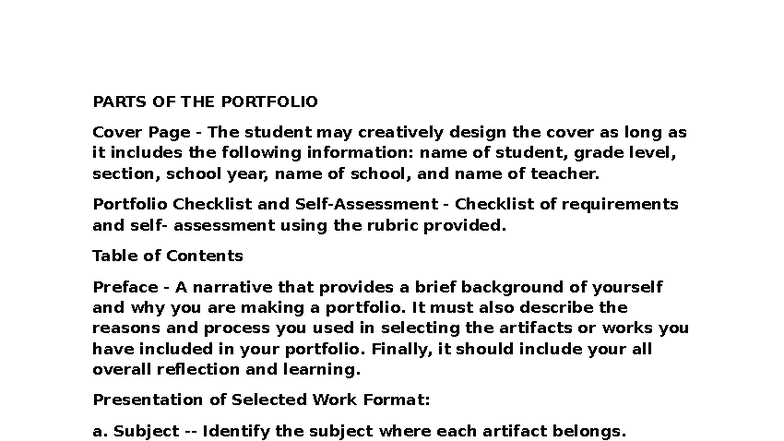 Parts OF THE Portfolio - Lecture notes - PARTS OF THE PORTFOLIO Cover ...