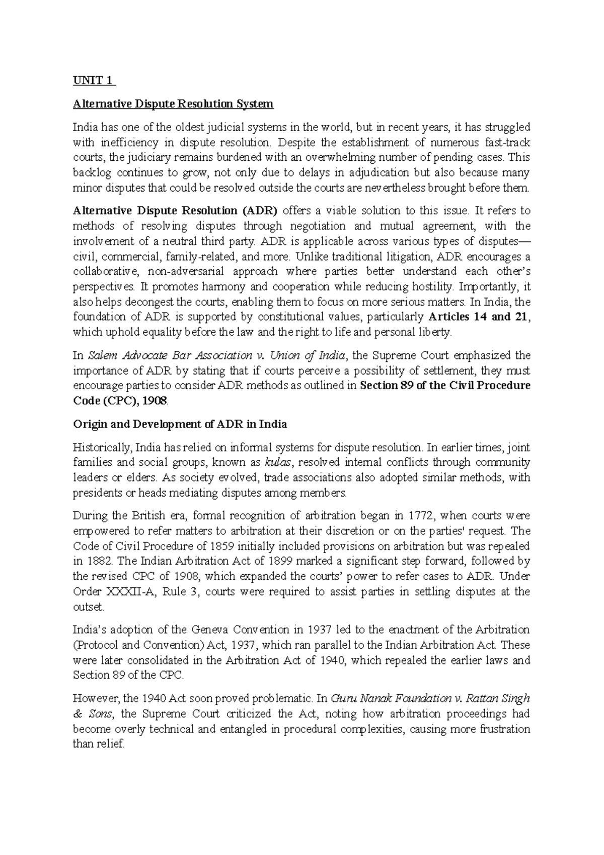 UNIT 1 ADR Notes: Understanding Alternative Dispute Resolution in India ...