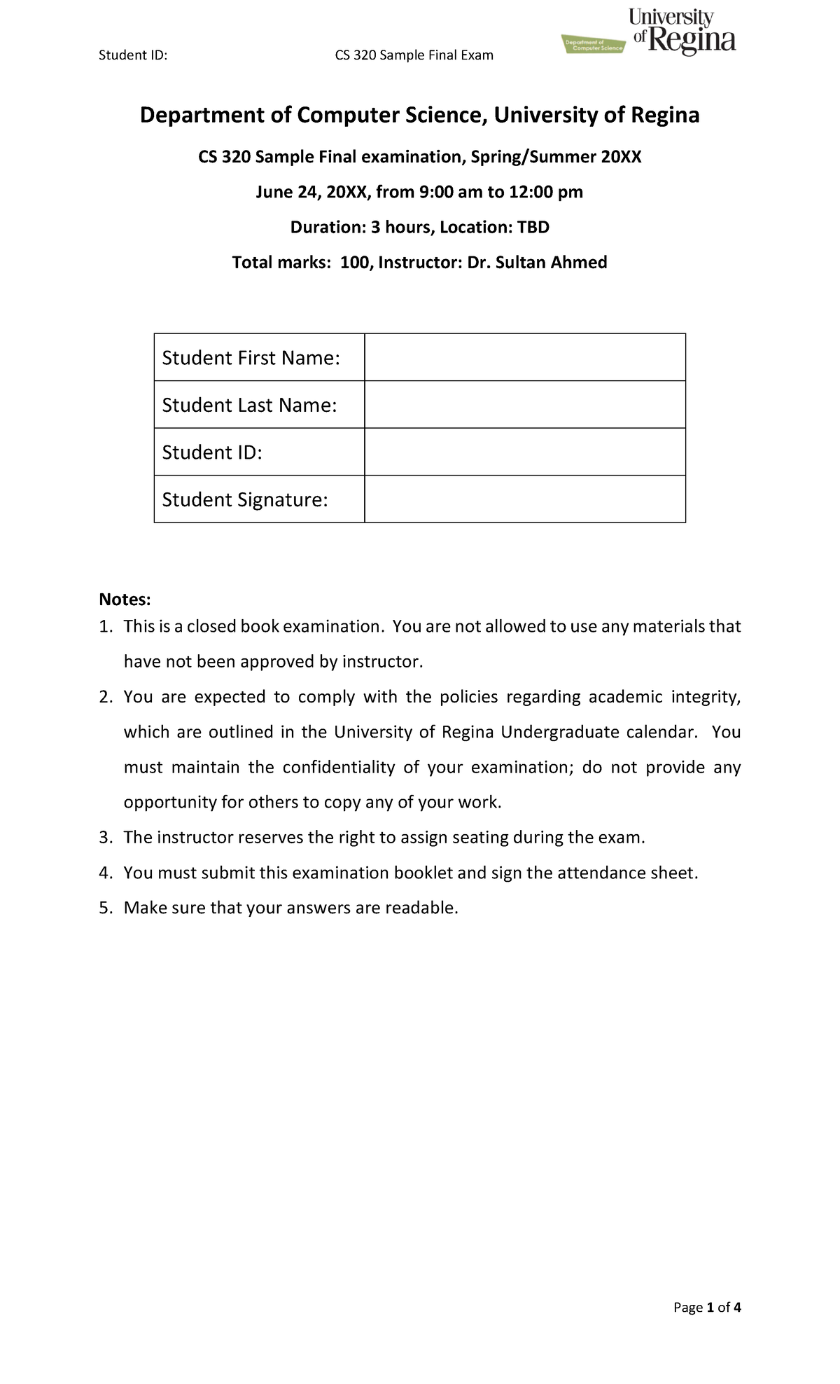 CS 320 Sample Final Exam Guide - Computer Science Department - Studocu