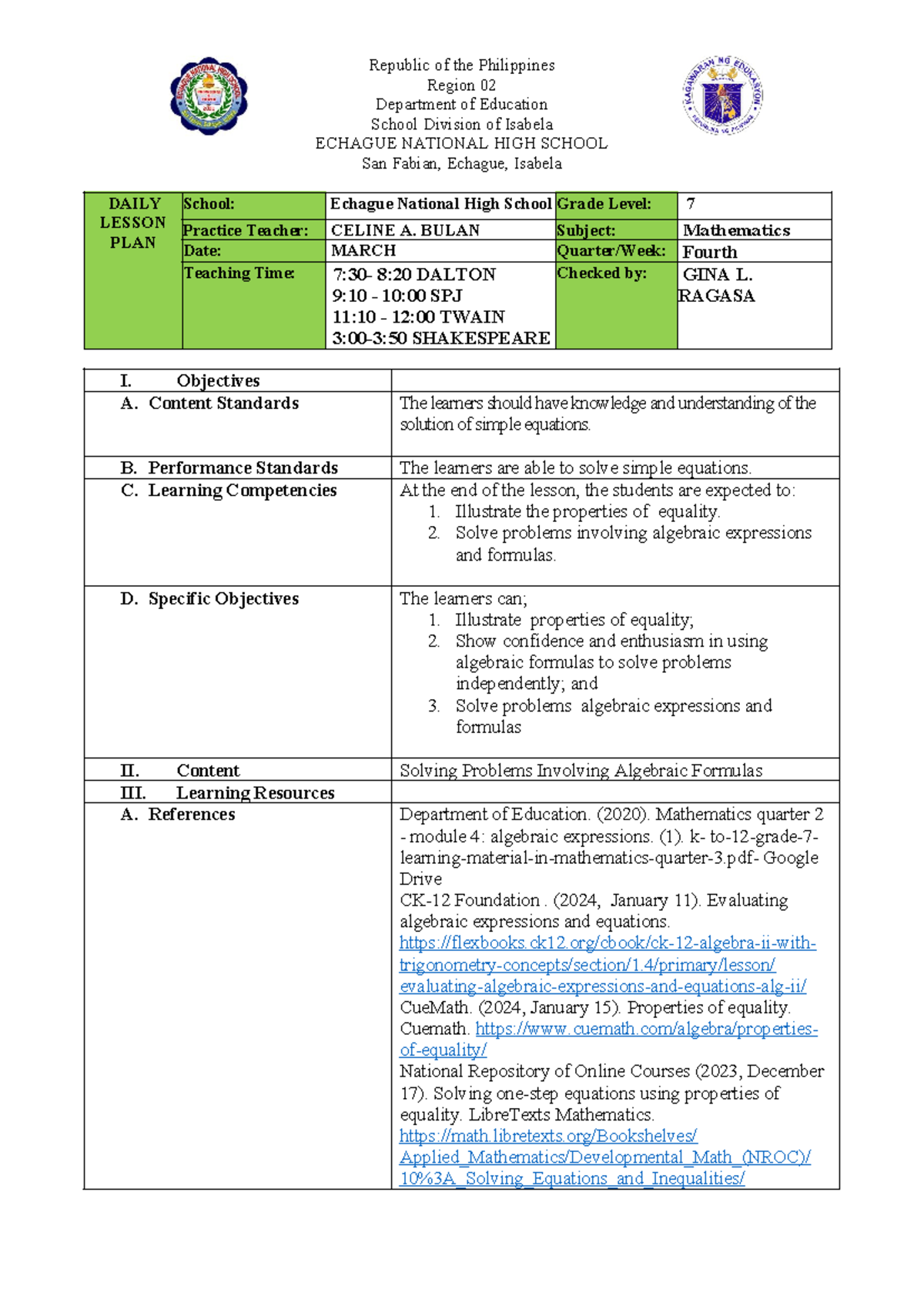 Mathematics Lesson Plan: Solving Problems with Algebraic Formulas ...