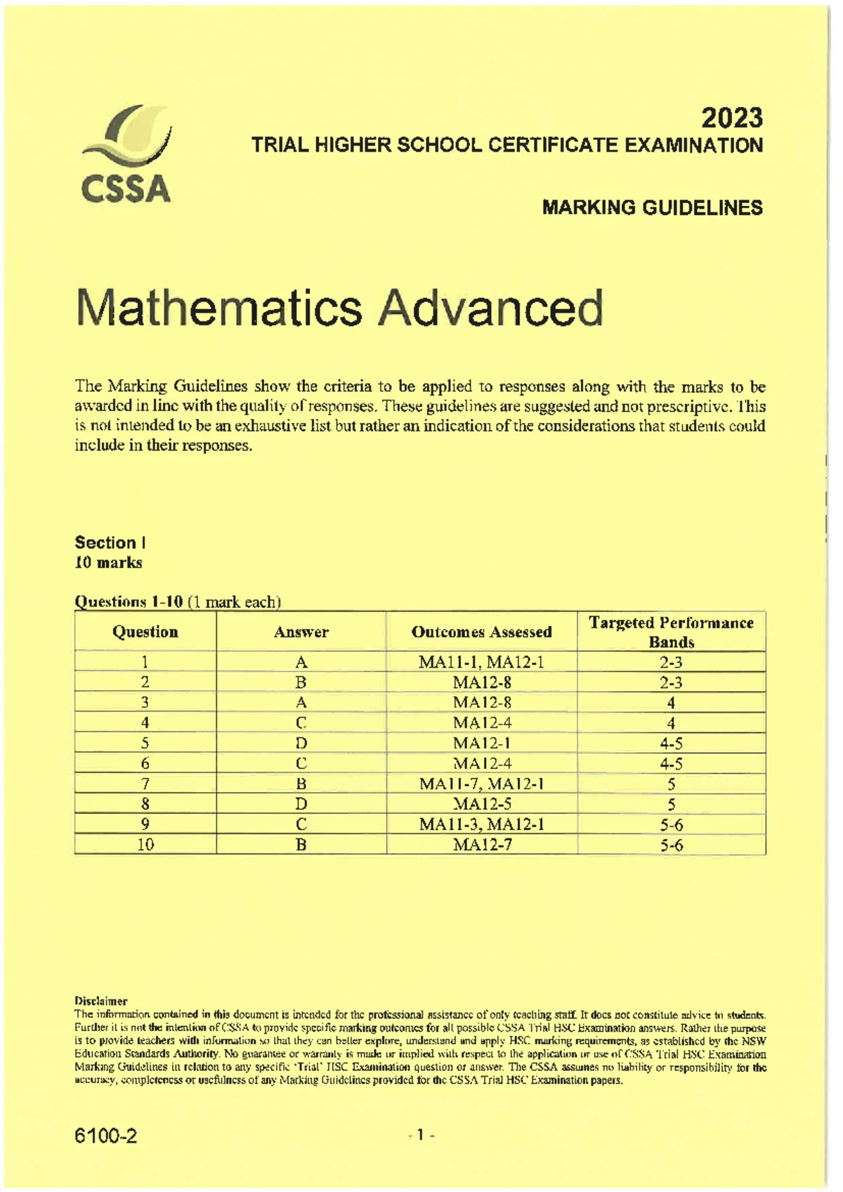 2023 CSSA Trial HSC Mathematics Advanced Exam Paper - Studocu