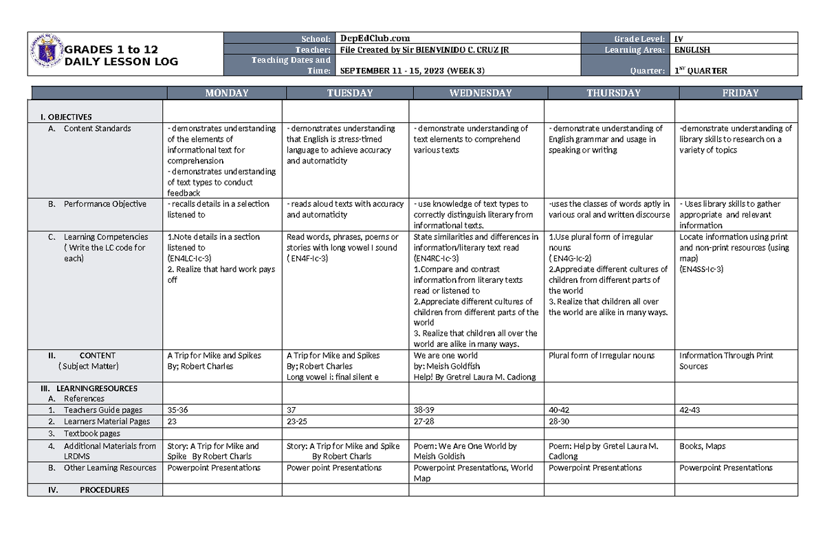 DLL English 4 Q1 W3 - Daily Lesson Log and Activities - Studocu